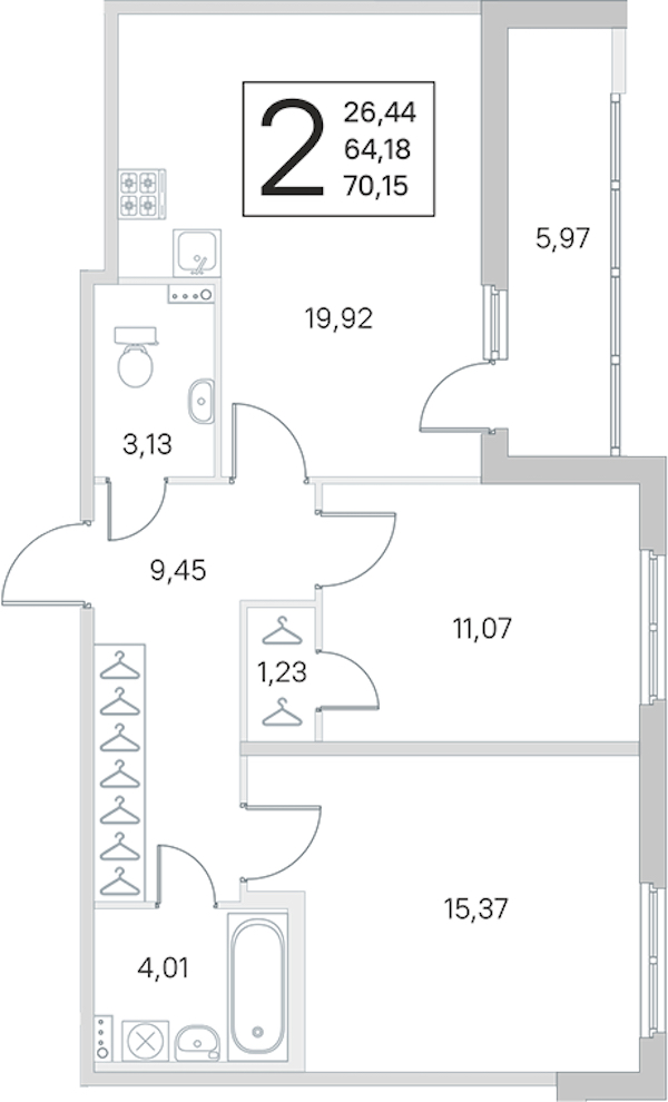 2-комнатная квартира 64.18 м², 1/4 эт., ЖК «Любоград в Стрельне»